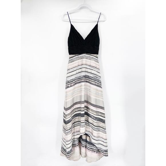 Badgley Mischka Neutral Black Striped Sleeveless V-Neck Hi-Low Gown Size 2 - Picture 3 of 8